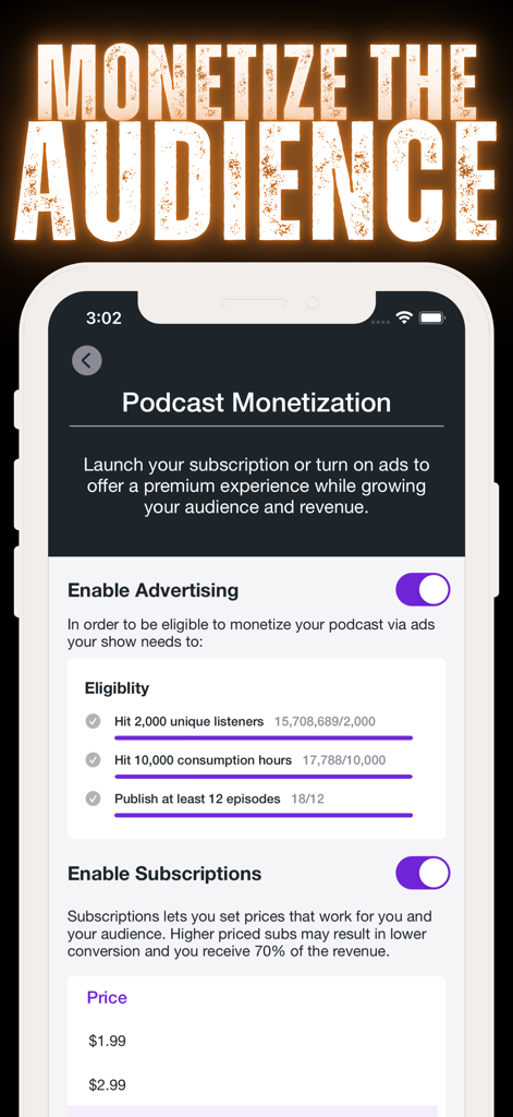Monetization settings screen for a podcast including advertising eligibility and subscription options