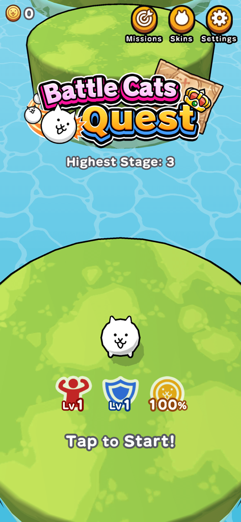 Battle Cats Quest - Start screen of Battle Cats Quest mobile game showing a white cat character on a circular island