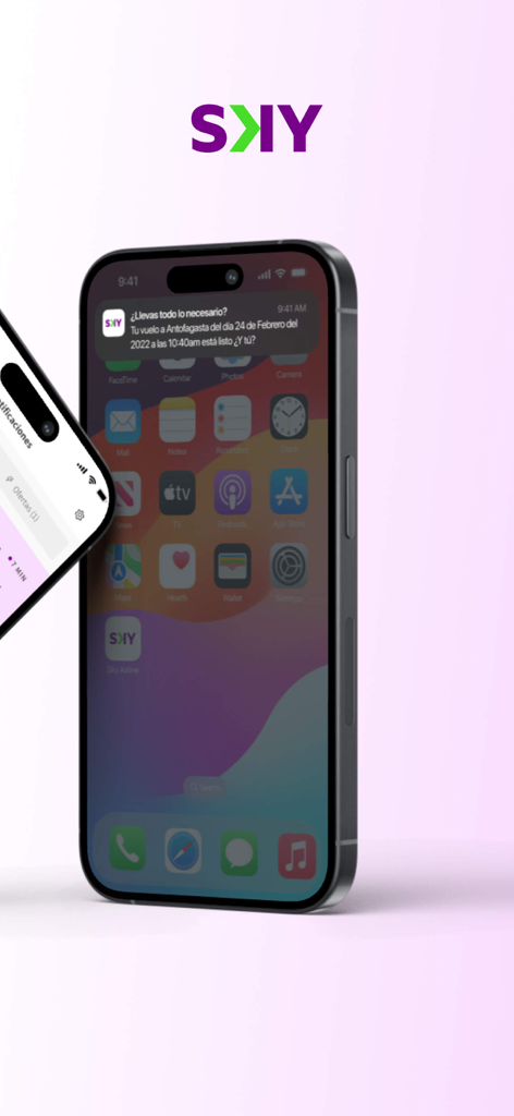 Smartphone exibindo uma notificação push de lembrete de voo da SKY Airline