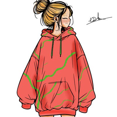 realistic girl with a oversized sweatshirt on and a bun