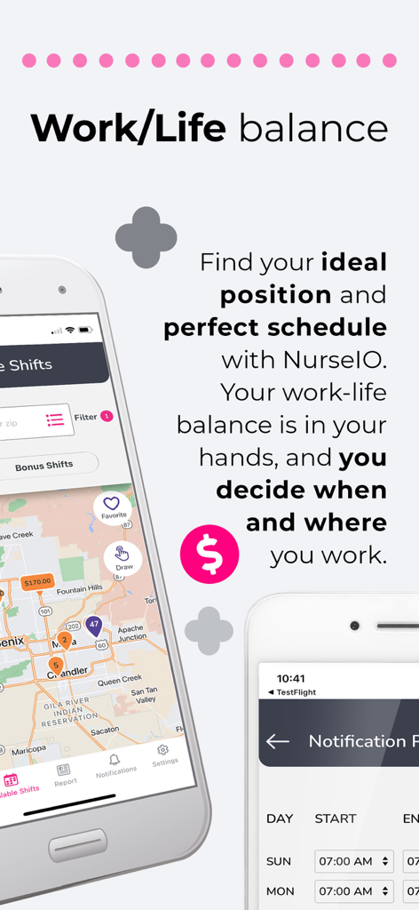NurseIO - NurseIO mobile app interface showing a map of available nursing shifts and scheduling tools for healthcare professionals