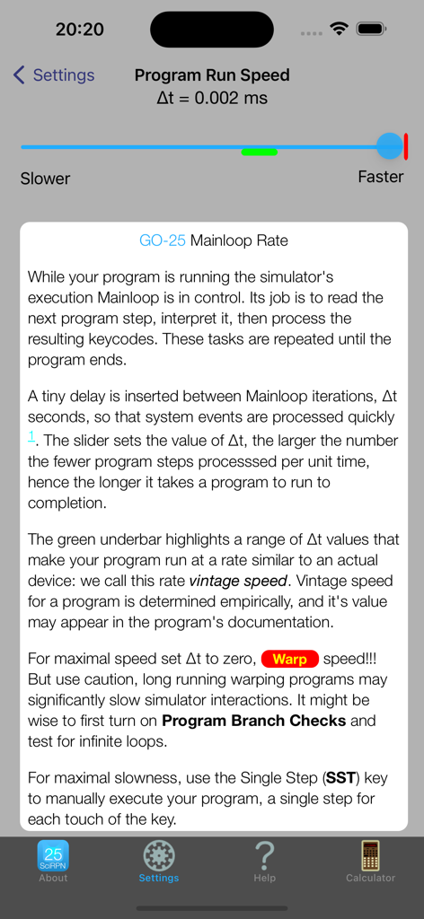 Écran des paramètres pour ajuster la vitesse d'exécution du programme dans l'application GO-25 SciRPN