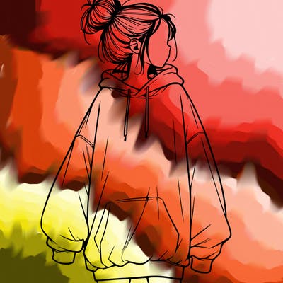 realistic girl with a oversized sweatshirt on and a bun