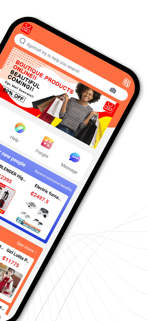DgoMall mobile app home screen showing wholesale products from China with prices in Ghanaian Cedi.