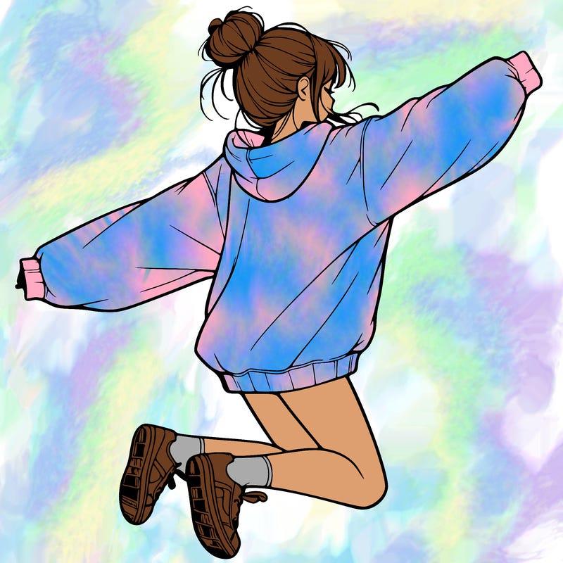 realistic girl jumping with a bun and oversized sweatshirt