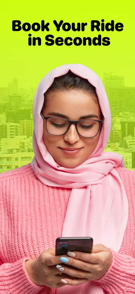 A woman in a pink hijab using the Kimo app to book a taxi ride in Libya