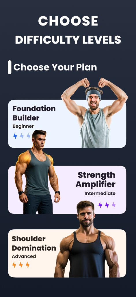 Interface for choosing shoulder workout difficulty levels from Beginner to Advanced