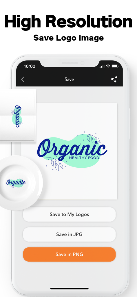 Logo Maker: Watermark Designer - Mobile app interface showing high resolution save options for a custom organic food logo in PNG and JPG formats