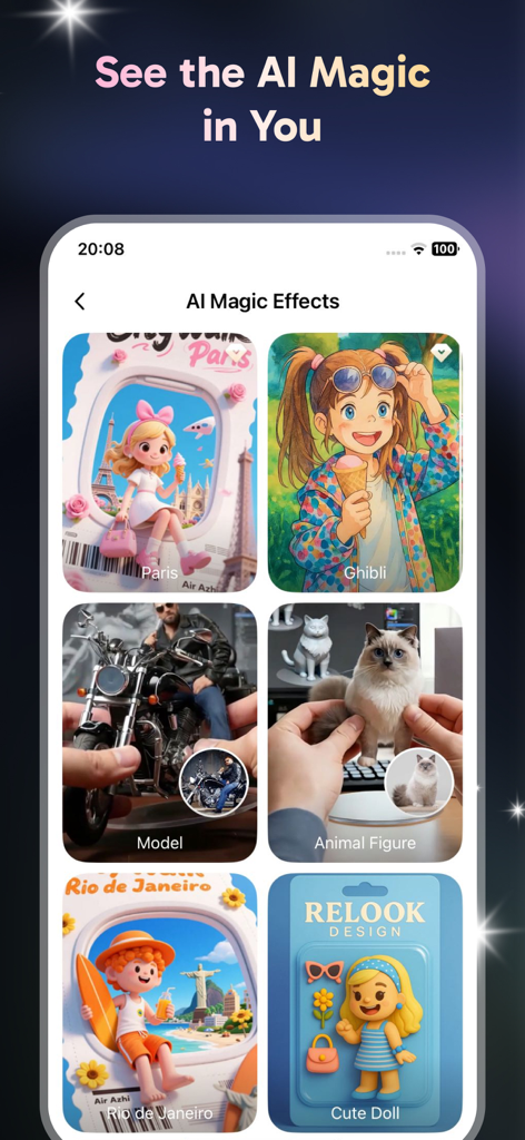 iFizz App-Bildschirm mit verschiedenen KI-Magieeffekten, einschließlich 3D-Figuren- und Cartoon-Filtern