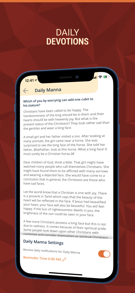 Holy Bible - Multilingual App - Smartphone screen displaying a daily devotional titled Daily Manna with notification settings in the Holy Bible Multilingual App.