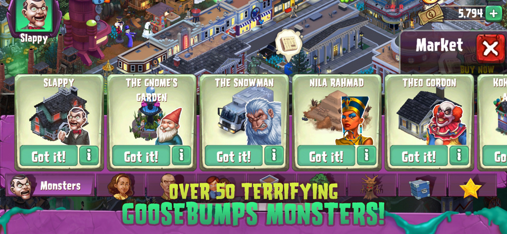 Goosebumps Horror Town - In-game market menu displaying a collection of Goosebumps monsters and characters like Slappy and the Snowman