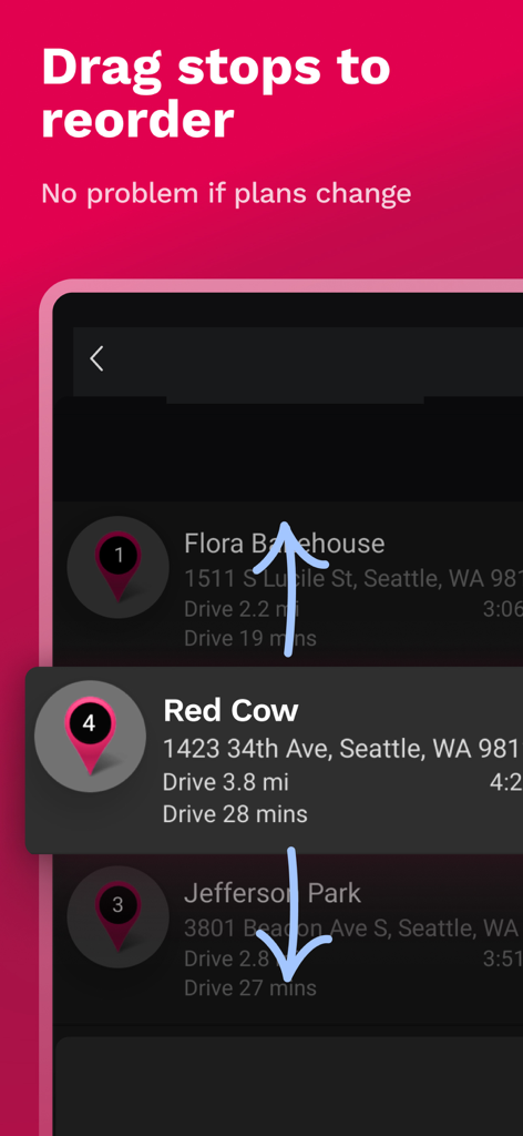 RoadWarrior Route Planner - RoadWarriorルートプランナーアプリでストップの順序を変更するためのドラッグアンドドロップ機能を示すインターフェース。