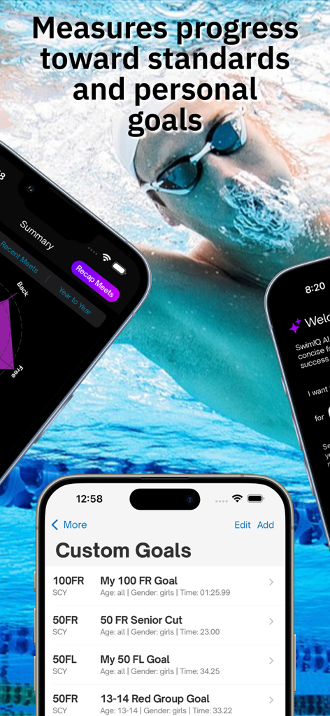 Swimmetry mobile app displaying custom swimming goals and athlete progress tracking against standards.