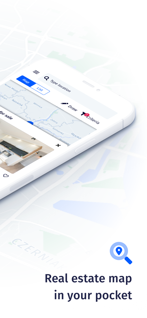 Teléfono inteligente mostrando la interfaz de búsqueda por mapa de la aplicación inmobiliaria Morizon y listados de propiedades