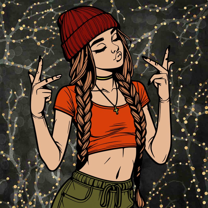 realistic teenage girl with braids and a beanie and crop top doing 🫶🏼