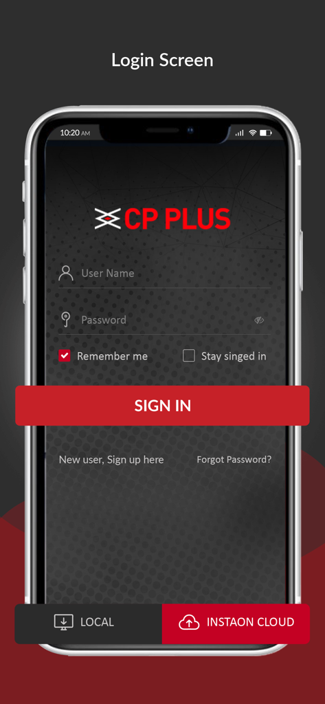 cMOB-20 - Login screen for the cMOB-20 surveillance app featuring the CP PLUS logo and sign-in fields