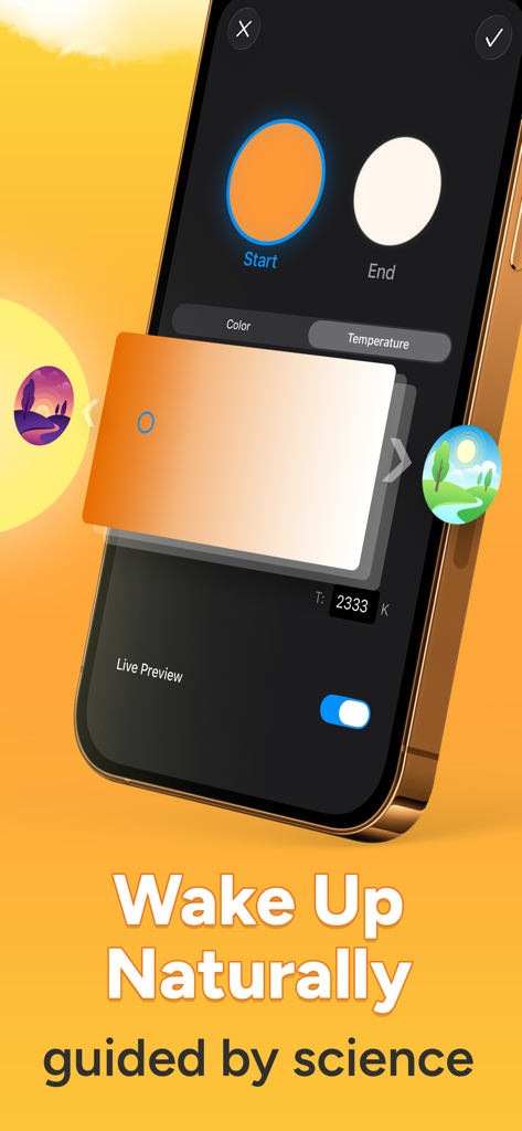 Mobile app interface showing customizable color temperature settings for a natural sunrise wake up with smart lights