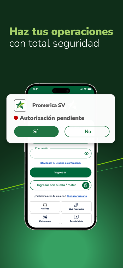 Promerica SV - Promerica SV mobile banking app showing a security authorization notification on a smartphone screen.
