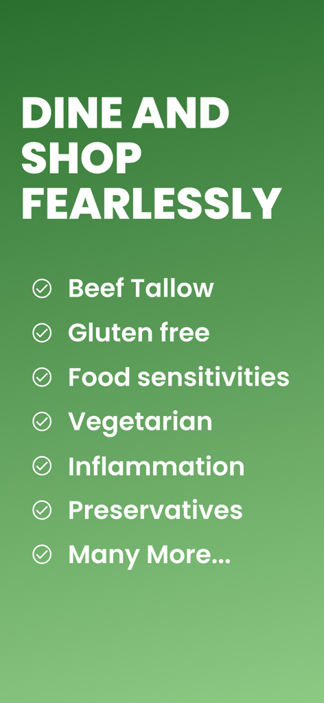 List of healthy dining features including beef tallow, gluten free, and food sensitivity options for Seed Oil Scout app.