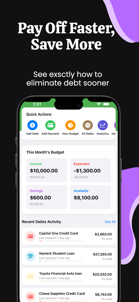DebtZero - Debt Payoff Planner - iPhone mostrando el panel de la aplicación DebtZero con resúmenes presupuestarios mensuales y una lista de saldos de deudas activas