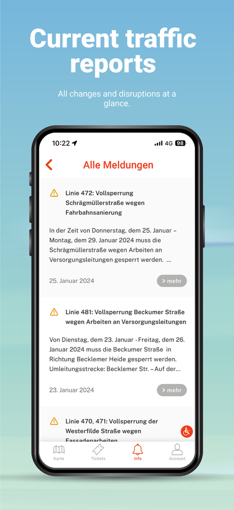 DSW21-App - A smartphone screen showing real-time traffic reports and service disruptions in the DSW21 public transit app.