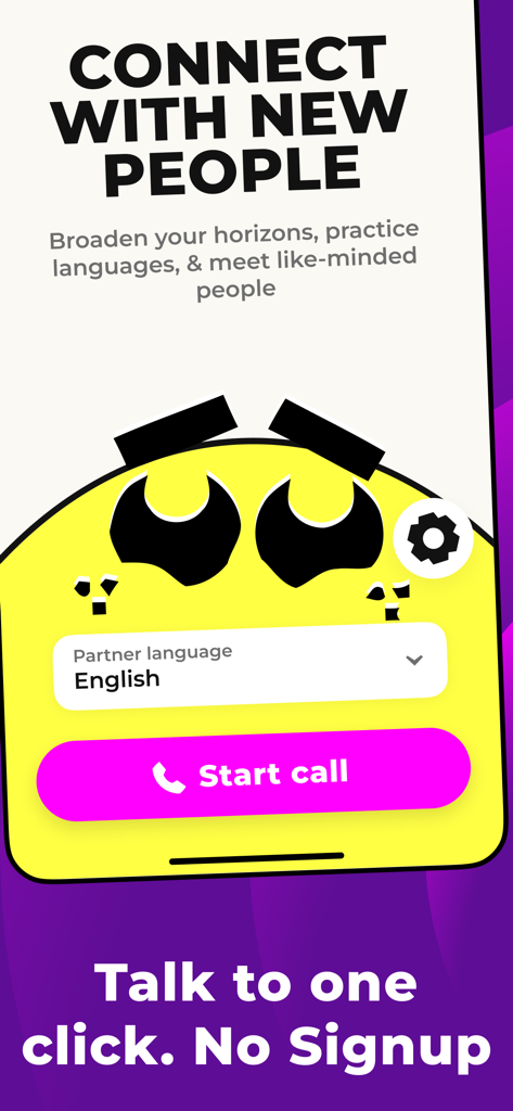 Interfaz de la aplicación Voisa que muestra el botón de iniciar llamada para conectarse con gente nueva y seleccionar el idioma del interlocutor.