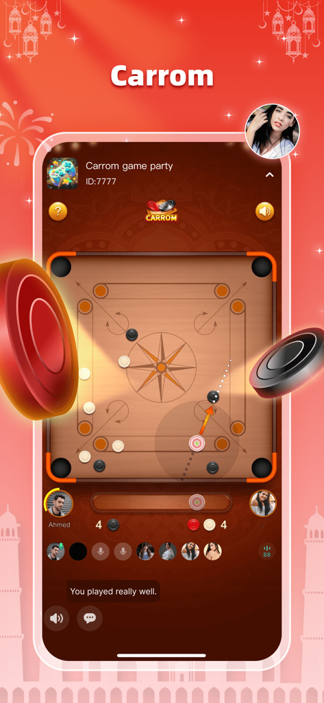 Farah-Chat & Games & Family - Digital Carrom game party within the Farah social voice chat application