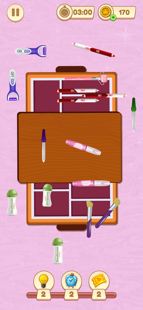 Little Right Organizer Puzzle - Gameplay of Little Right Organizer Puzzle showing makeup and beauty items being sorted into a compartmentalized tray.