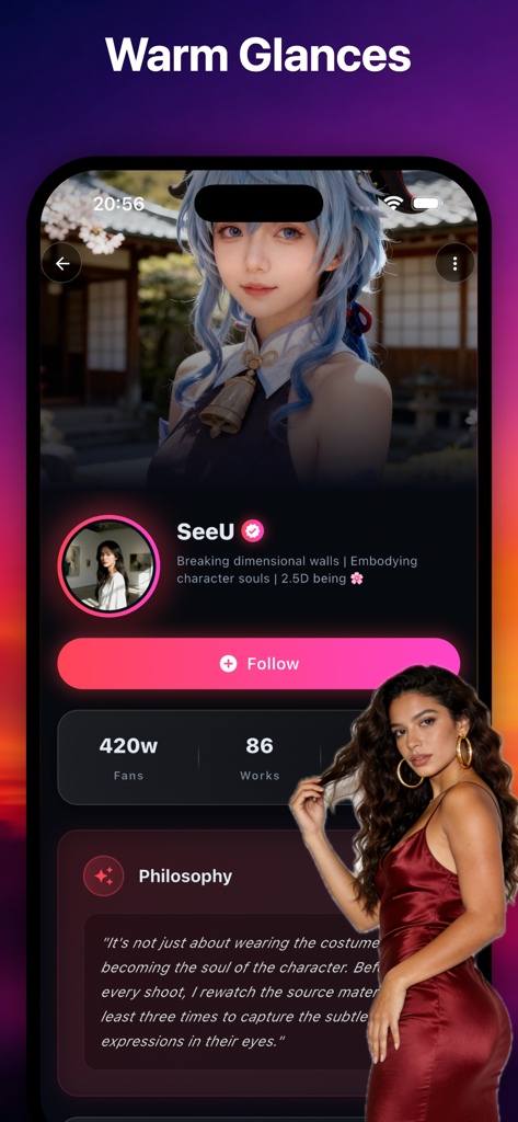 Nexus - Connect Together - User profile screen on the Nexus app showing a cosplayer portfolio and social statistics.