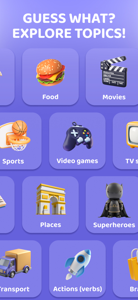 Captura de pantalla del menú de la aplicación Headbands con categorías como Comida, Películas, Deportes y Superhéroes.