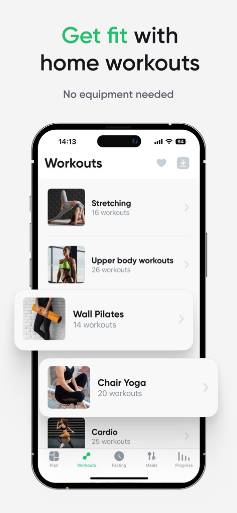 Fit4Me: Workout & Weight Loss - Fit4Me app screen showing home workout categories like Wall Pilates and Chair Yoga