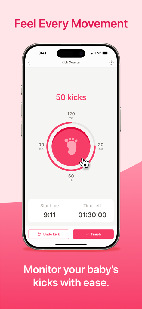 Pregnancy Tracker App ⁯ - Digital kick counter interface in a pregnancy tracker app showing baby movements tracked
