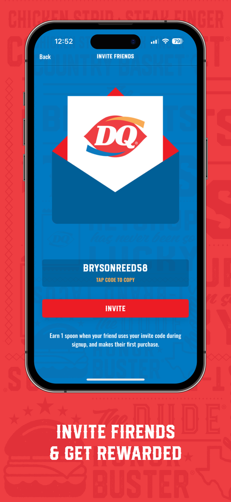 The invite friends screen of the Texas Dairy Queen app showing a referral code and a reward offer of one spoon for each successful signup.