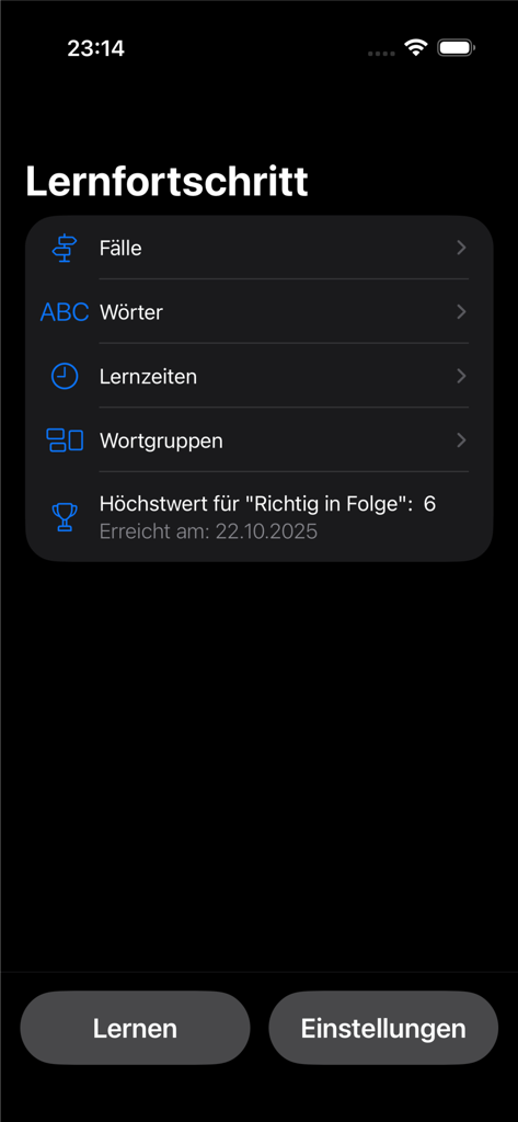 ArtikelMeister - Uma captura de tela do aplicativo ArtikelMeister mostrando o painel de progresso de aprendizado com estatísticas para prática de gramática alemã.