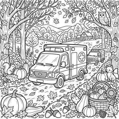 Discover a truly unique coloring experience with our Autumn Ambulances page, blending the vital role of rescue vehicles with the cozy charm of the fall season. Immerse yourself in a detailed landscape adorned with falling leaves, pumpkins, and friendly forest animals.