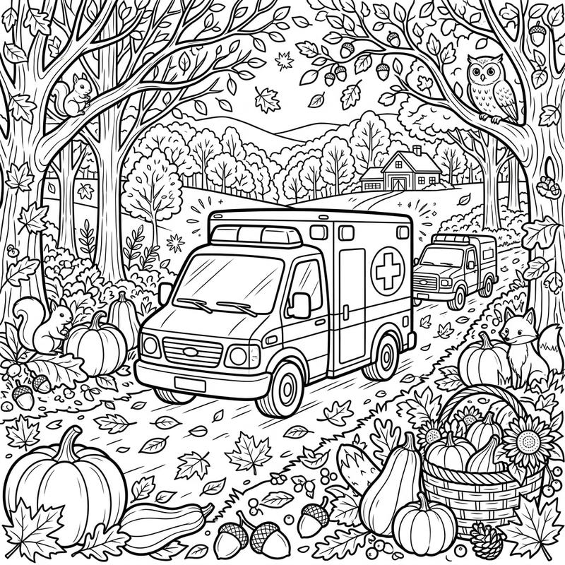 Discover a truly unique coloring experience with our Autumn Ambulances page, blending the vital role of rescue vehicles with the cozy charm of the fall season. Immerse yourself in a detailed landscape adorned with falling leaves, pumpkins, and friendly forest animals.