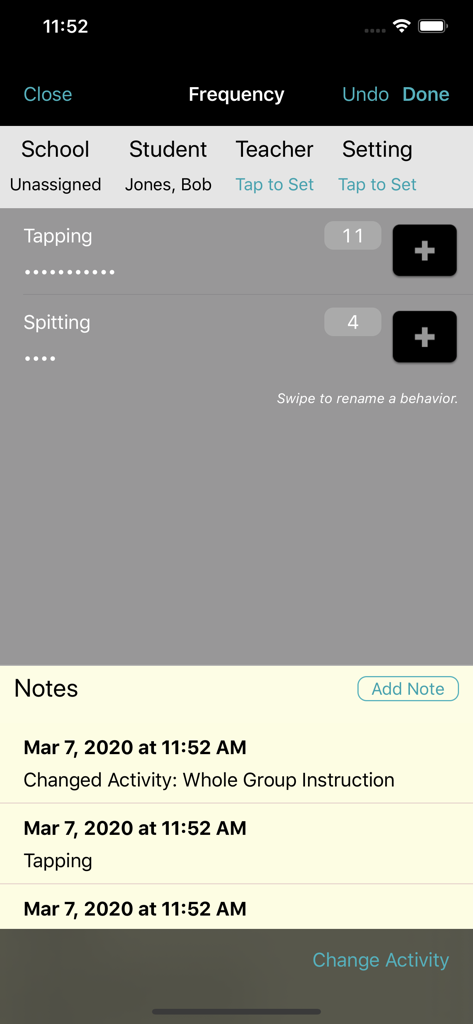 BehaviorSnap - BehaviorSnap App-Oberfläche zur Verfolgung der Verhaltenshäufigkeit während Schülerbeobachtungen