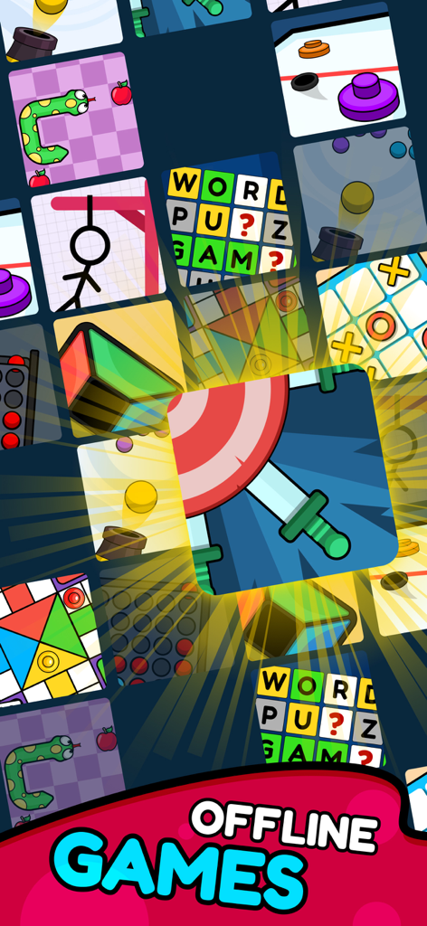 Offline Games - No WiFi Arcade - 스네이크, 틱택토 등 오프라인 게임 앱의 다채로운 미니 게임 아이콘 모음