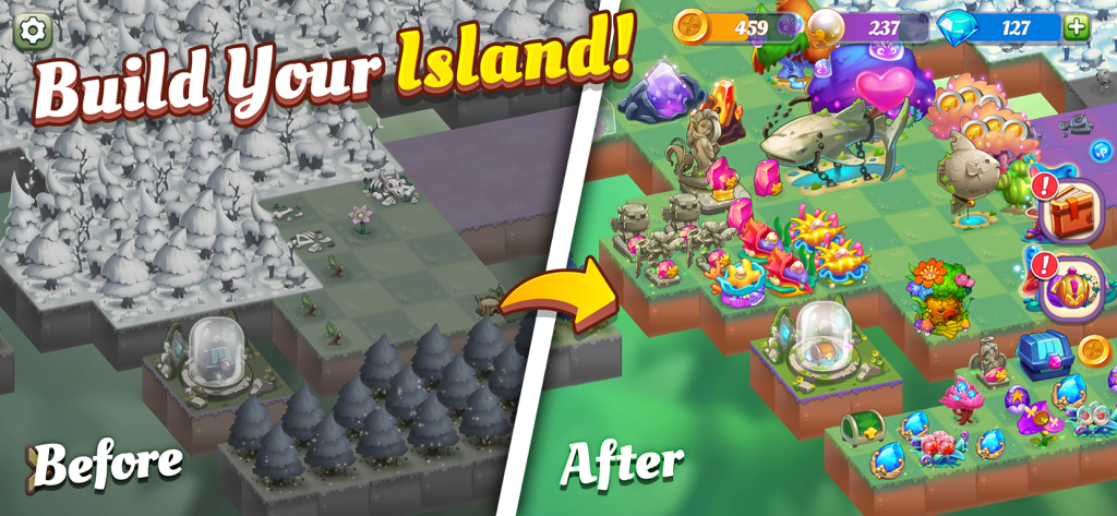 Wonder Merge - A before and after comparison of a grey corrupted land transforming into a vibrant magical island.