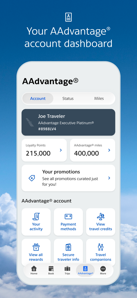 AAdvantage account dashboard in the American Airlines mobile app displaying status and miles.