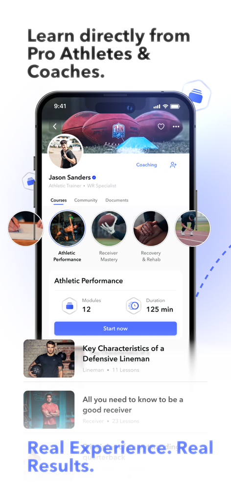 APX Academy - APX Academy app screen showing football training courses and athlete profiles