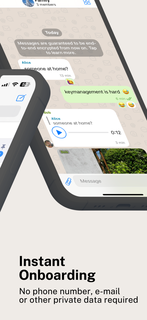 Delta Chat - Delta Chatアプリのインターフェース。電話番号やメールアドレスなしの匿名インスタントオンボーディングが表示されています。