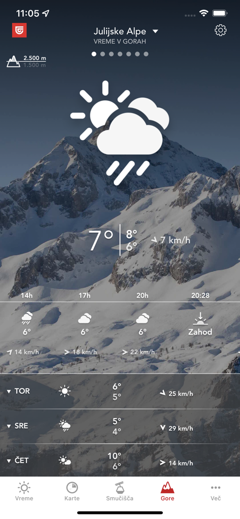Mobile app interface showing weather forecast for the Julian Alps with temperature and mountain conditions