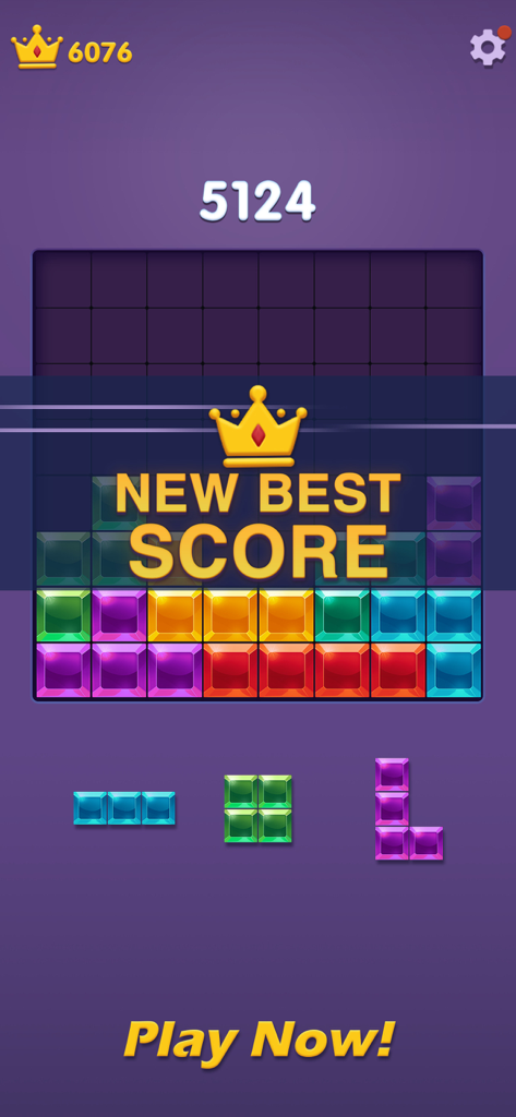 Gameplay screenshot of Block Puzzle Gem Blast showing a new best score with colorful jewel blocks on an 8x8 grid.