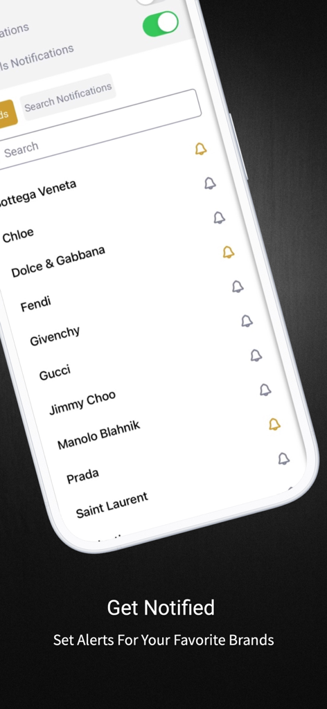 Oberfläche der Luxe Hunt App mit einer Liste von Luxusmarken mit Benachrichtigungssymbolen zum Einstellen von Alarmen