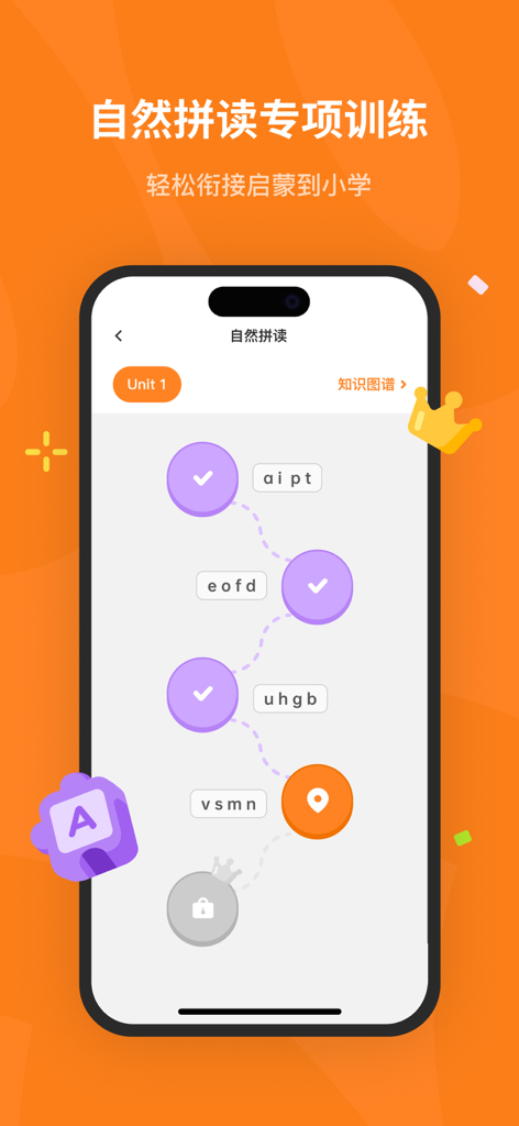 蛋糕英语-百词斩少儿英语升级版 - Mobile app interface of Cake English showing a step-by-step natural phonics learning path for kids