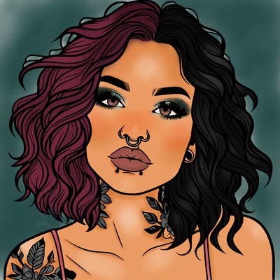 realistic woman with septum piercing and wavy hair and tattoos