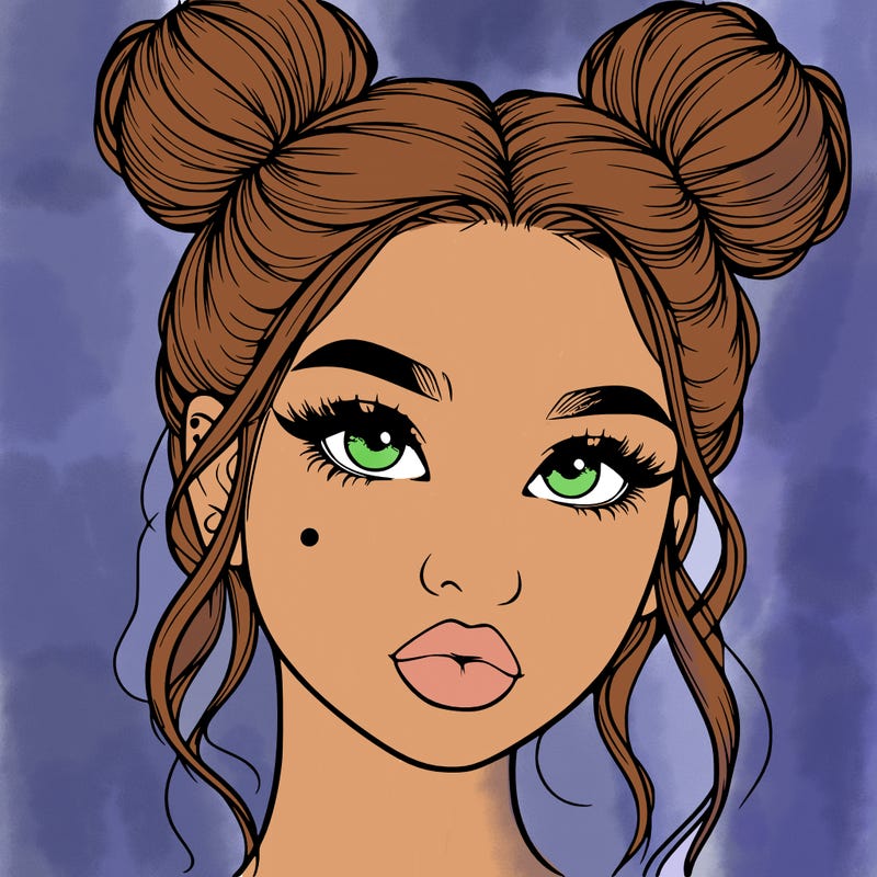 realistic girl with two buns on her hair and lips