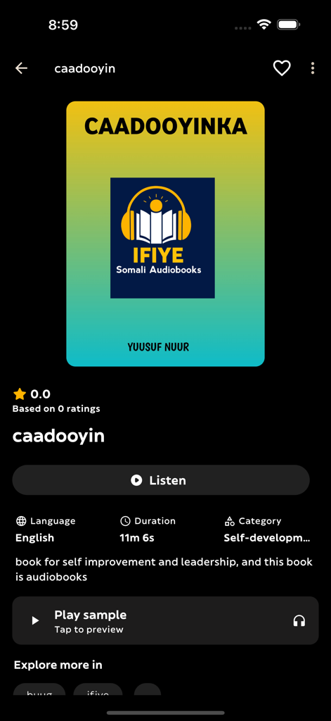 IFIYE Somali Audiobooks - IFIYEアプリのインターフェース。Yuusuf Nuurによる自己啓発オーディオブック「Caadooyin」の詳細が表示されています。