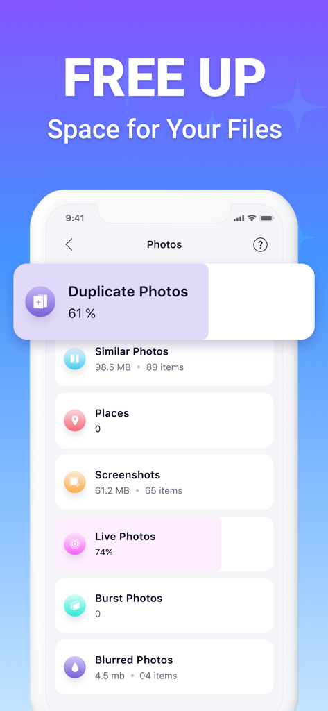Delete duplicate photos - Wipe - Interface of the Cleaner plus app displaying various photo categories like duplicate photos and screenshots to free up storage